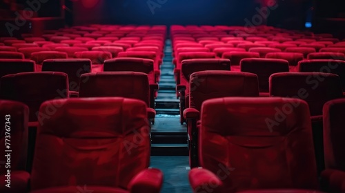 Empty cinema theater with rows of plush red seats, a central aisle leading to a screen