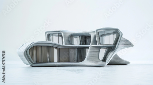 A futuristic 3D printed miniature house model, designed with unconventional shapes and eco-friendly materials, emphasizing sustainability and innovation
