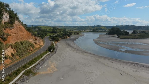 Sandy beach, harbour and lagoon in  Waiotahe, Bay of Plenty, New Zealand. photo