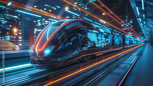 A futuristic transportation system with sleek, high-speed trains