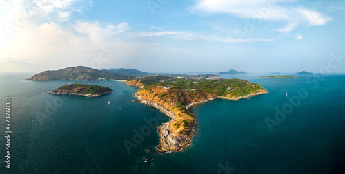 Aerial drone view panorama of Phromthep cape at sunset  Phuket, Thailand