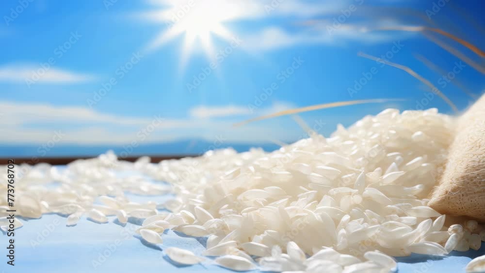 A pile of white rice is on a blue surface with a sunny sky in the background A pile of white rice is on a blue surface with a sunny sky in the background