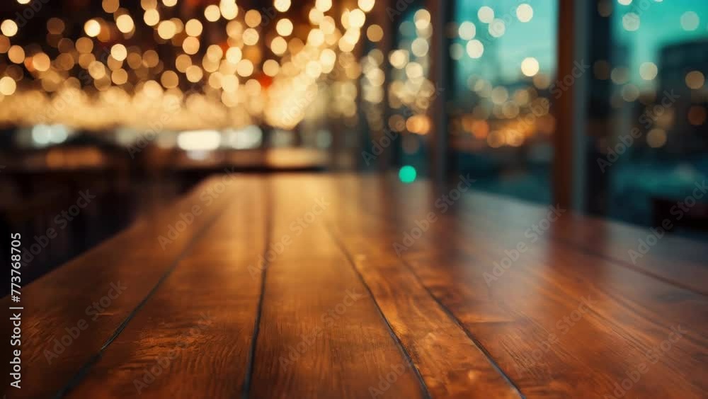 A wooden table with a blurry background and lights in the background A wooden table with a blurry background and lights in the background