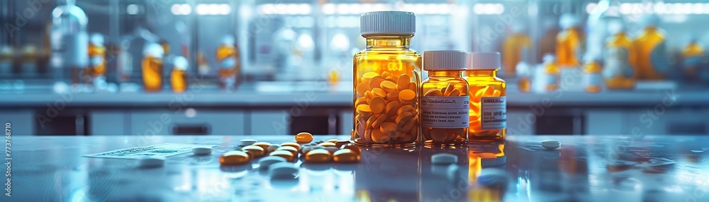 Medication and drug research labs concepts, incorporating bills and bottles Medication and drug research labs concepts, incorporating bills and bottles