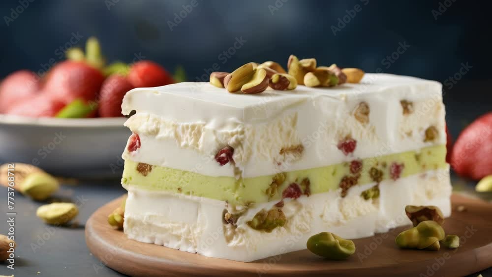 A slice of white cake with nuts on top A slice of white cake with nuts on top
