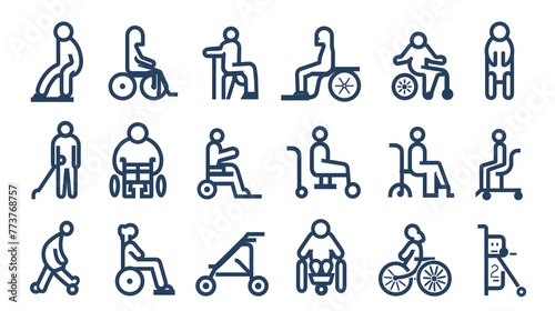 health and hospital outline icon set such as thin line hospital bed, electric kettle, medical form, shop, wheel chair, hospital bed, wheel chair icons for report, presentation, diagram, web design. AI