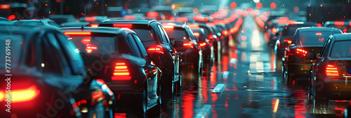 A congestion of vehicles fills the city streets at night their vibrant red and yellow lights , Gridlocked in the Rain Traffic Jam with a Sea of Cars on a Rainy Evening.