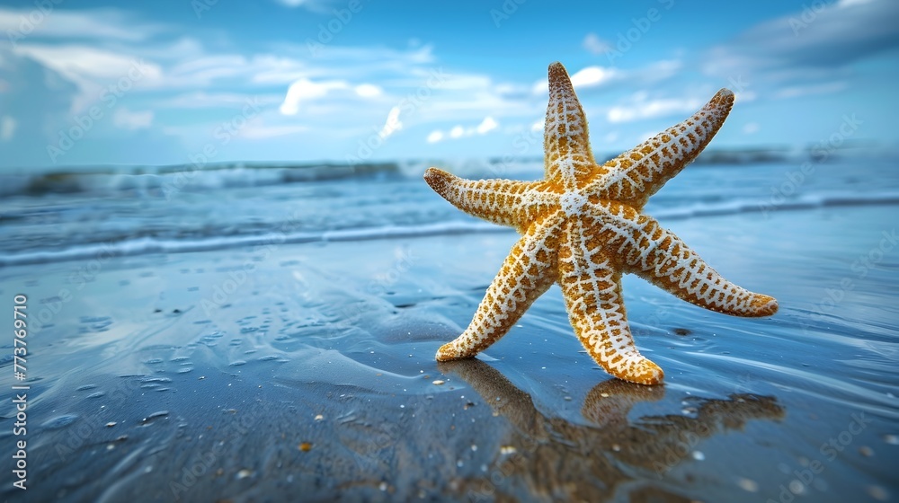 Vibrant Starfish Resting on Reflective Beach at Tropical Seashore Vibrant Starfish Resting on Reflective Beach at Tropical Seashore