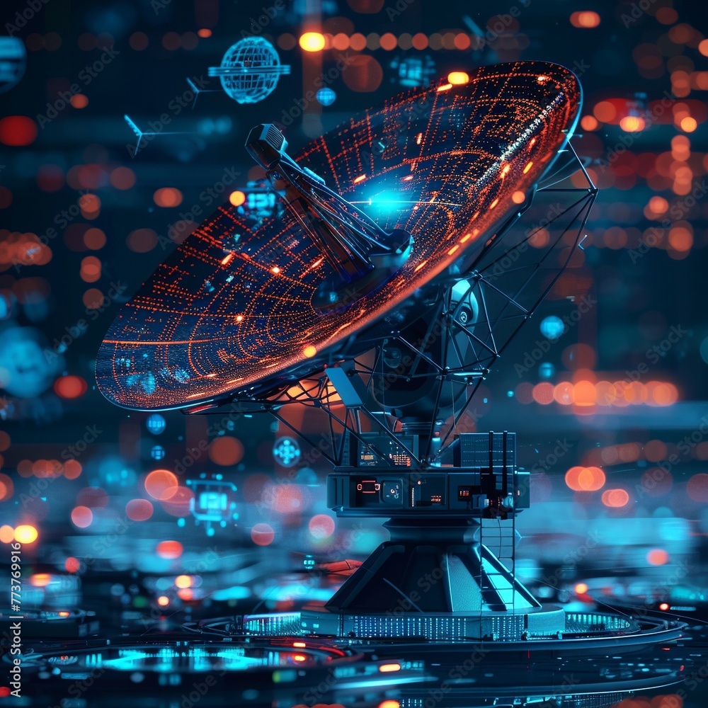 Satellite dish antenna with a futuristic design against a backdrop of telecommunication technology Satellite dish antenna with a futuristic design against a backdrop of telecommunication technology