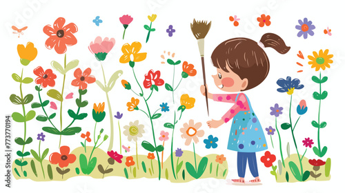 Cartoon Cute little girl painting and drawing flower o