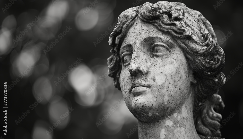 Close-up of a serene and contemplative classical black and white marble statue with sculpted facial features, curly hair, and a timeless expression - obrazy, fototapety, plakaty 