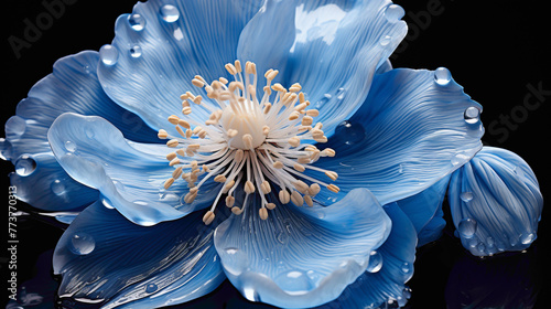 An exquisite shot of a rare and delicate Blue Himalayan Poppy in full bloom, set against a seamless backdrop