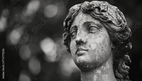 Close-up of a serene and contemplative classical black and white marble statue with sculpted facial features, curly hair, and a timeless expression photo