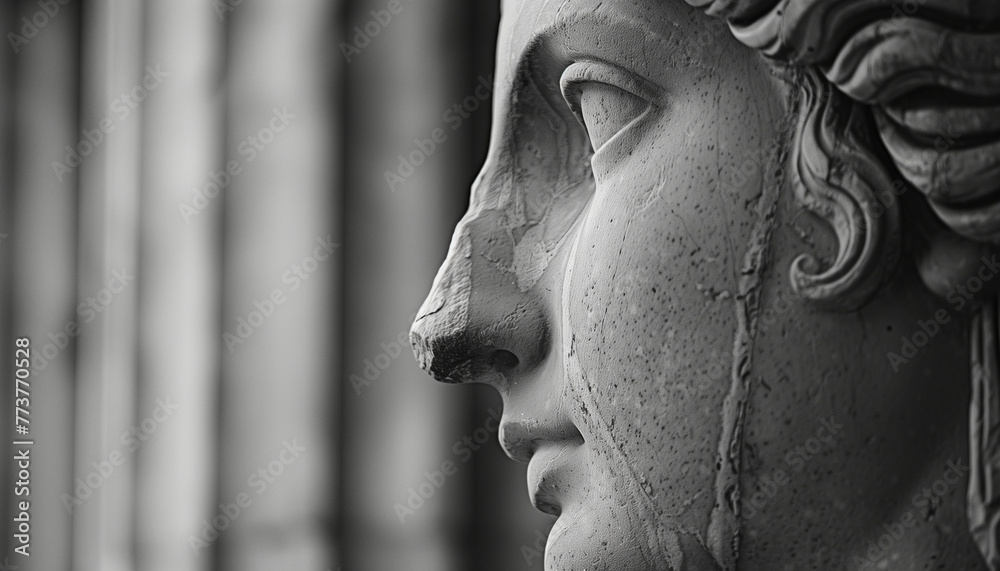 Detailed black and white close-up of a classical statue's face, showcasing artistic sculpture craftsmanship Detailed black and white close-up of a classical statue's face, showcasing artistic sculpture craftsmanship