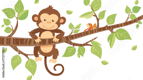 Cartoon funny monkey on a tree branch flat vector isolated