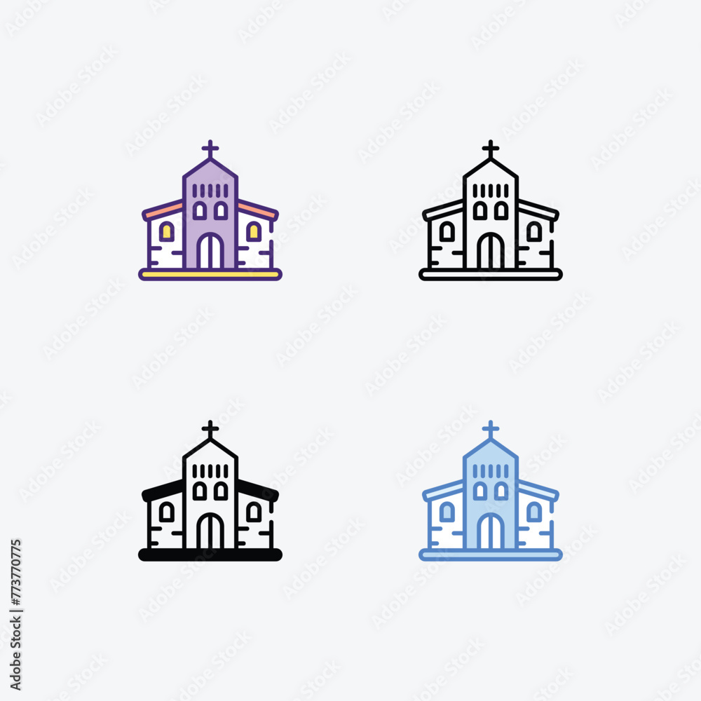 Church icons set in 4 different style vector illustration