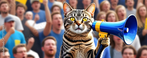 a crazy cat holding a megaphone, promotion, action, holiday, advertise, vacancy, communication, news, information, media, team, relations, people cowd on backside