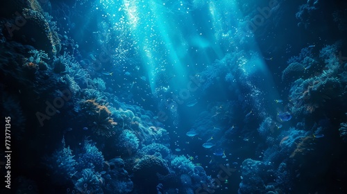 An underwater world with bioluminescent tech creatures