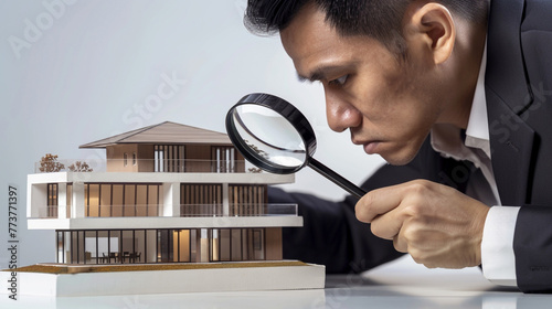 A businessman, in a crisp, dark suit, intently examining a modern, minimalist miniature house model with a magnifying glass photo
