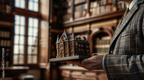 A businessman, demonstrating a sense of pride and care, holding a miniature model of a historic building photo