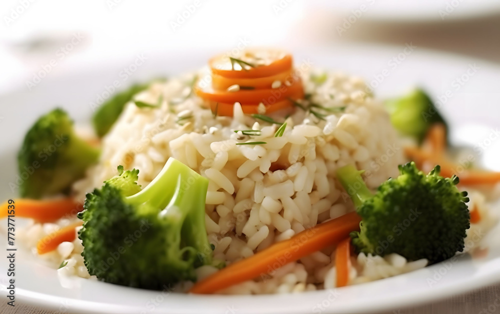 Front-angle view of brown rice with vegetables inside a white plate. Front-angle view of brown rice with vegetables inside a white plate.