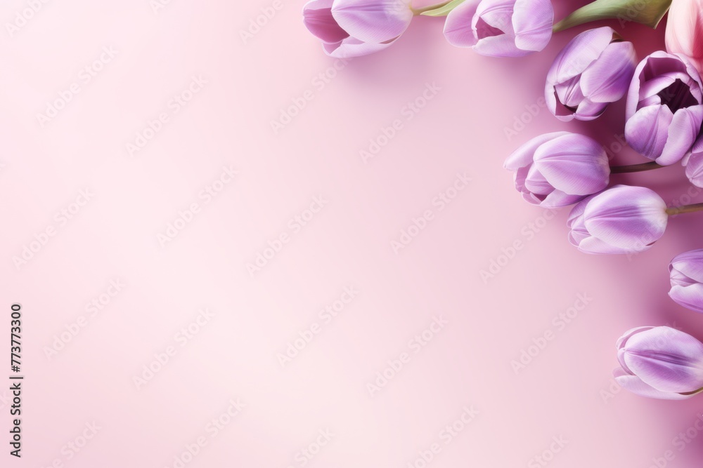 Tulips flowers on a pastel pink background, in a flat lay, space for text, stock photo contest winner, high resolution, stock quality, high detail 