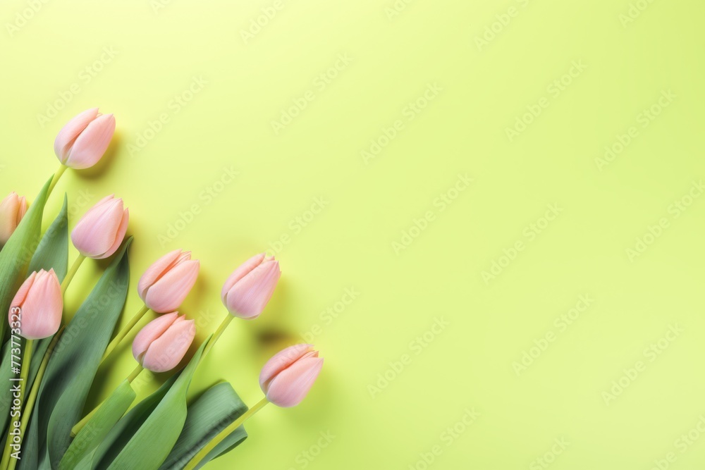 Tulips flowers on a pastel pink background, in a flat lay, space for text, stock photo contest winner, high resolution, stock quality, high detail 