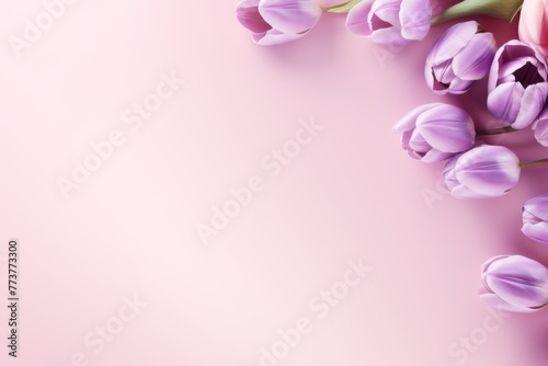 Tulips flowers on a pastel pink background, in a flat lay, space for text, stock photo contest winner, high resolution, stock quality, high detail  © MING