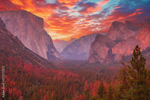 Tunnel View overlook at golden hour in Yosemite National Park. El Capitan and Half Dome at red sunset. Summer american holidays. California  United States.