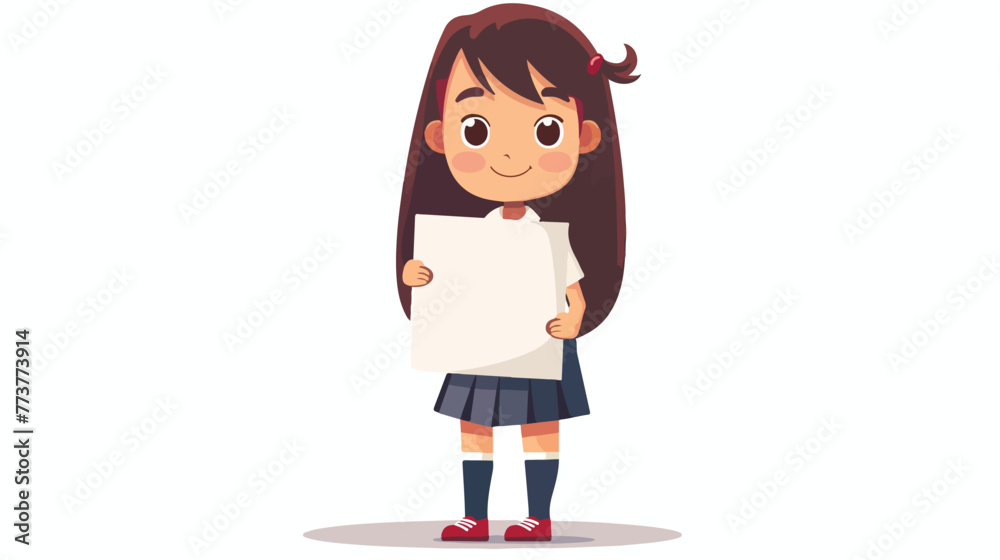 Cartoon school girl in uniform holding blank paper flat
