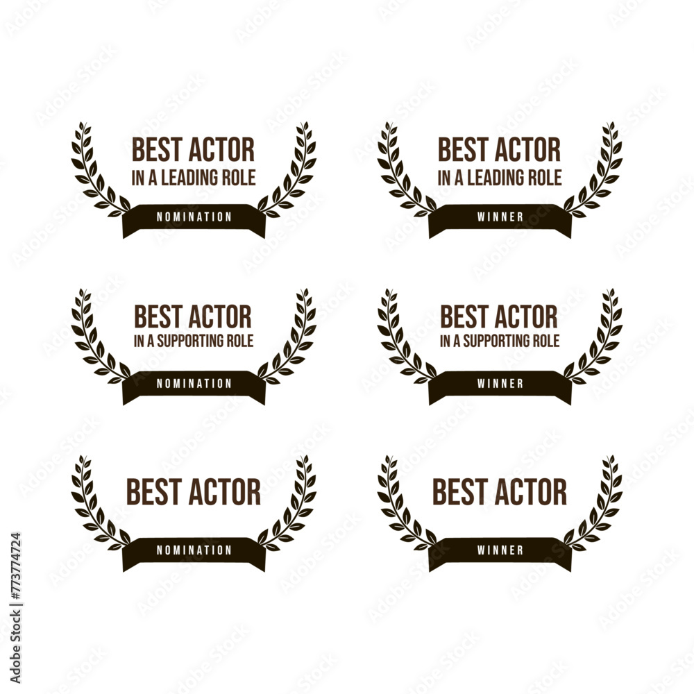 Movie award best male actor in a leading or supporting role - nomination and winner, black and white vector icon set	