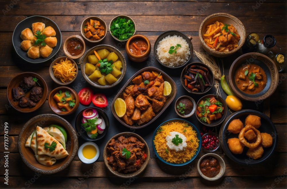top view of a rustic wooden table with full of traditional Arabic cuisine in various menu, date, iftar feast during Ramadhan