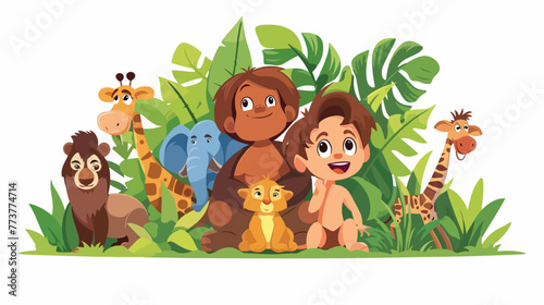 Cartoon tarzan with animals in the jungle flat vector