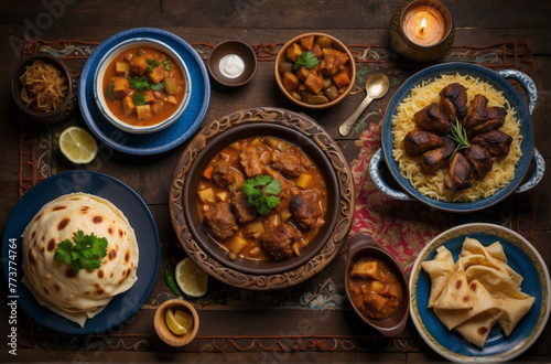 top view of a rustic wooden table with full of traditional Arabic cuisine in various menu, date, iftar feast during Ramadhan