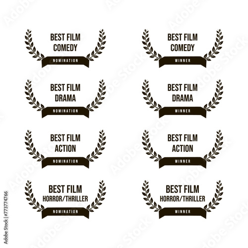 Movie award best film - comedy, action, drama, thriller, horror nomination and winner, black and white vector icon set	