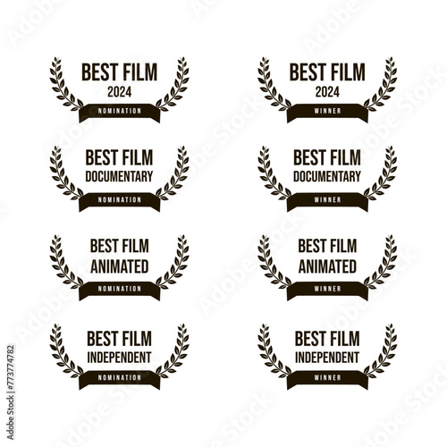 Award best film - feature motion picture, animated, documentary, independent movie nomination and winner, black and white vector icon set	 photo