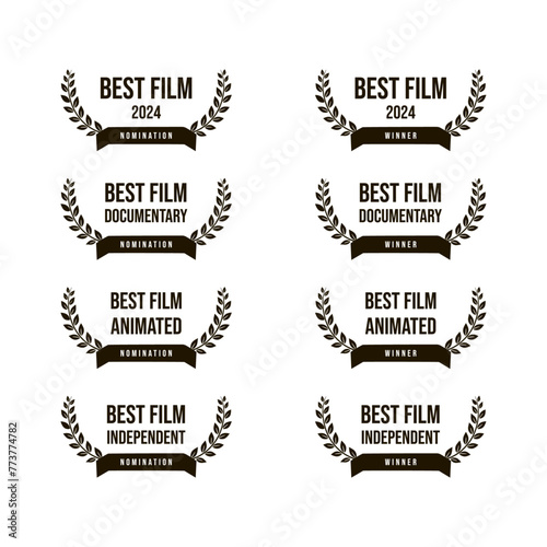 Award best film - feature motion picture, animated, documentary, independent movie nomination and winner, black and white vector icon set	