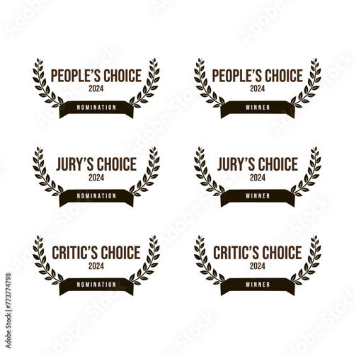 Movie award critic choice, people choice, jury choice  - nomination and winner, black and white vector icon set