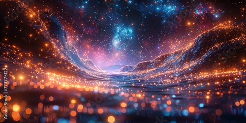 Enchanting 3D render of a magical, glowing toy display with a swirling, galaxy-like background and tiny, twinkling star-shaped playthings