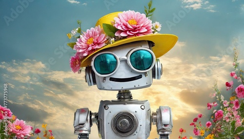 Robo-Bloom: Cute Robot Spreading Joy with Flower Sunglasses, Cap, and Happy Vibes"