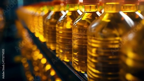 Detailed closeup of a production line conveyor system transporting freshly bottled cooking oil to storage where it will await distribution while maintaining its full nutritional