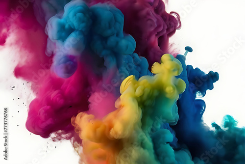 Color Burst iridescent multicolored colorful rainbow smoke powder explosion fluid ink particles slow motion alpha matte isolated on white. Generative AI