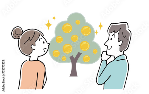 ベクターイラスト素材：金のなる木を眺める夫婦
