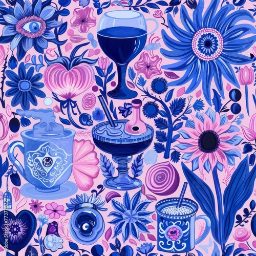 Beautiful psychedelic illustration with blue and pink tones, with motifs of beverages, matted grass, cocktail, mogito, and flowers. photo