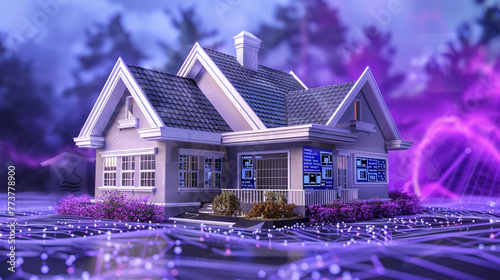 A 3D Max innovative miniature house with a gabled roof and integrated technology, set against a dynamic, electric violet background to emphasize its smart home features and futuristic design.