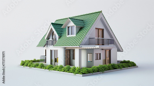 A 3D Max eco-conscious miniature house with a green gabled roof, presented on a pure white background to emphasize its integration of sustainable design with modern aesthetics.