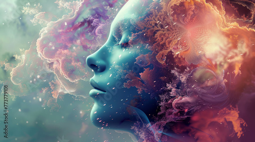 a female face and abstract color background with clouds photo