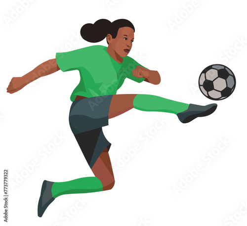 African schoolgirl women's football player jumps over the field before hitting the ball