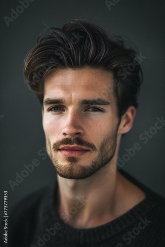 Portrait of a handsome young man on a dark background, Men's beauty, fashion