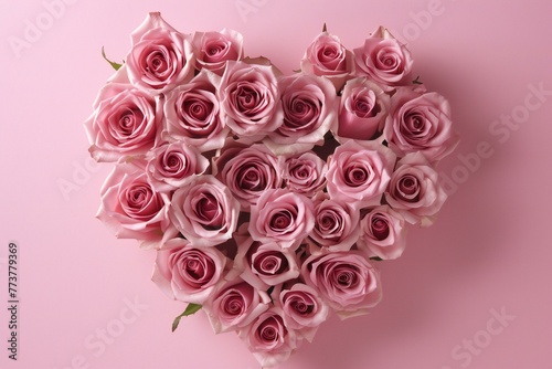 Heart shaped bouquet of pink roses on pink background  top view